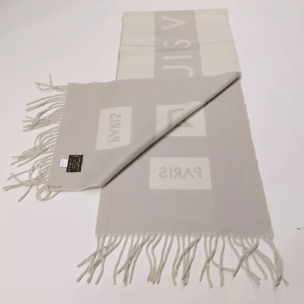 Auth Louis Vuitton Neutrals White / Ivory Gray / Beige Cashmere Baroda Scarf